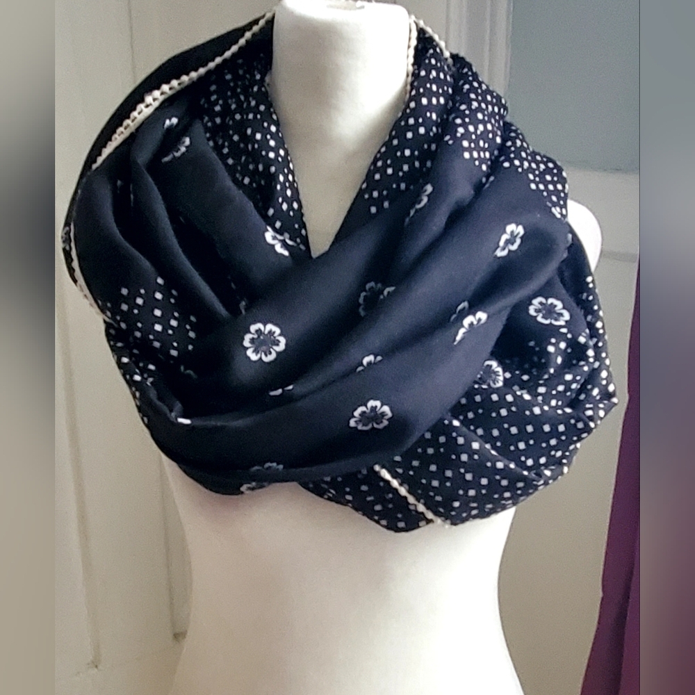 LOFT Black Infinity Scarf with White Floral and Dot Print